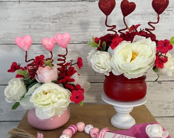 Valentine tiered Tray mini floral arrangement, valentine tiered tray, heart decor, mini vases, tiered tray greenery, eucalyptus, red roses