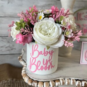 May include: A white ceramic planter with pink lettering that reads "Baby in Bloom" is filled with a bouquet of pink and white flowers.