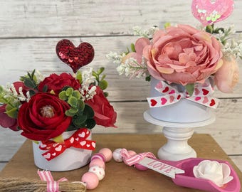Valentine tiered Tray mini floral arrangement, valentine tiered tray, heart decor, mini vases, tiered tray greenery, eucalyptus, red roses