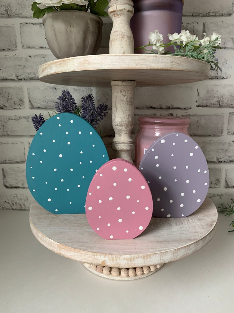 Farmhouse Easter Decor Easter tiered tray decor Easter Egg decor Wooden Easter eggs Set of 3 Rustic Easter Easter mantle /& shelf decor