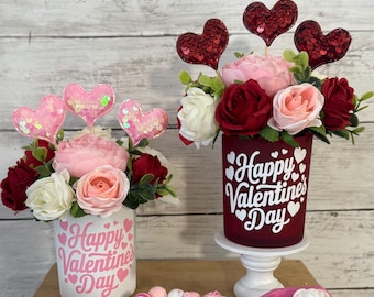 Valentine tiered Tray mini floral arrangement, valentine tiered tray, heart decor, mini vases, tiered tray greenery, eucalyptus, red roses