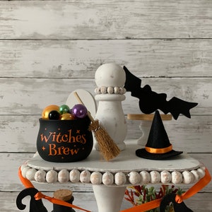 Halloween Tiered Tray Decor, Witches Brew, Witch tiered tray, Halloween home decor, mini witches cauldron, witch broom, image 7