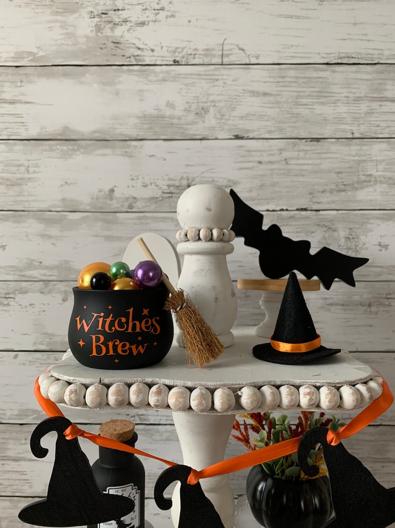 Halloween Tiered Tray Decor, Witches Brew, Witch tiered tray, Halloween home decor, mini witches cauldron, witch broom, image 7