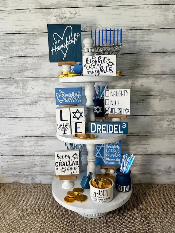 Hanukkah tiered tray decor, Hanukkah home decor, happy Hanukkah, Hanukkah wood signs, Hanukkah mini signs, holiday tray decor, jewish decor