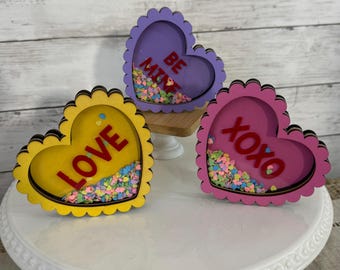 Conversation wood heart shaker signs, freestanding Valentines Day tiered tray decor, Valentines home decor, Valentine shelf decor