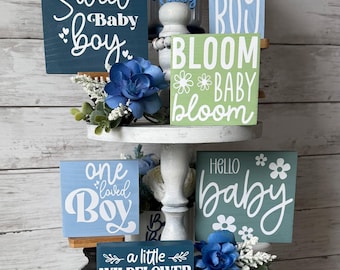 baby boy tiered tray decor, a little wildflower is on the way baby shower decorations, baby boy mini signs, it's a boy, baby boy nursery