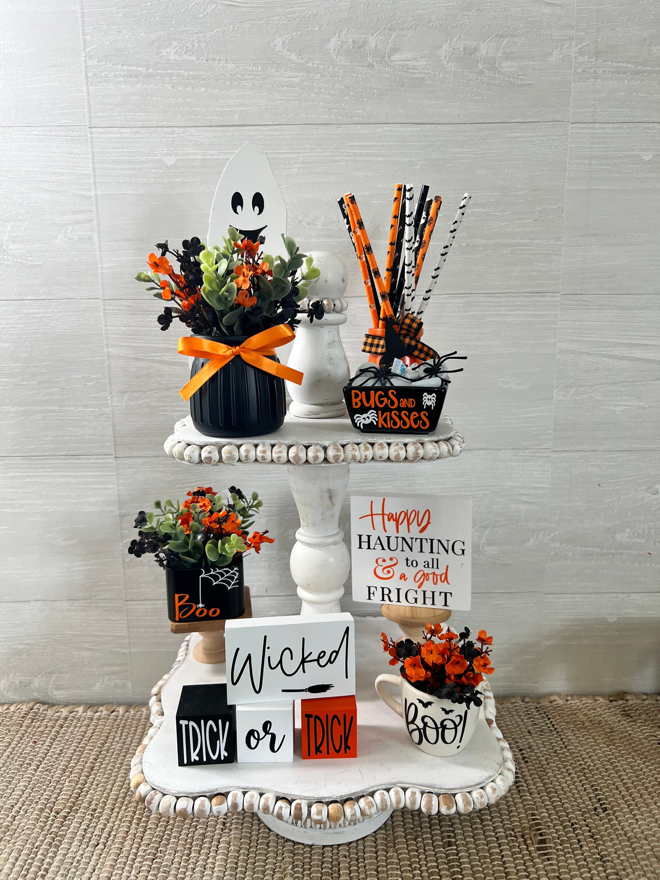 Halloween Tiered Tray Mini Floral Arrangement, Halloween Home Decor ...