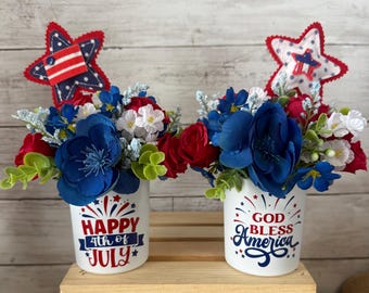 Patriotic tiered tray decor, fourth of july tray, patriotic florals, American flag decor, red white and blue, Americana decor, USA decor