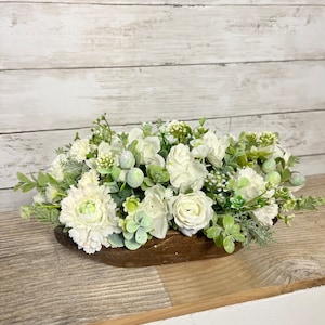 Wood Dough farmhouse floral arrangement, dough bowl table centerpiece, white rose and white peony floral centerpiece, table floral decor