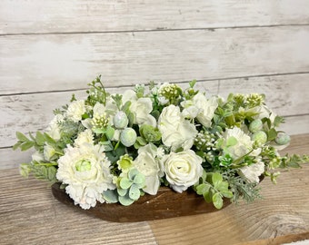 Wood Dough farmhouse floral arrangement, dough bowl table centerpiece, white rose and white peony floral centerpiece, table floral decor