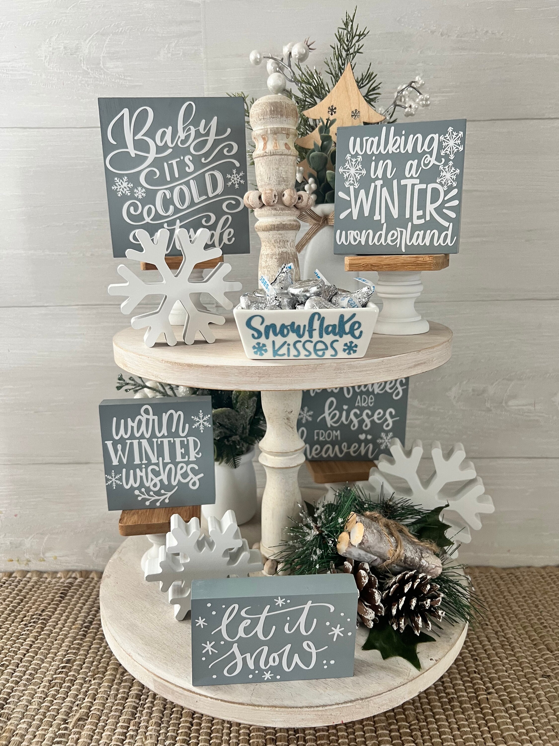 Christmas Tiered Tray, Winter Tiered Tray Decor, Snowflake Kisses