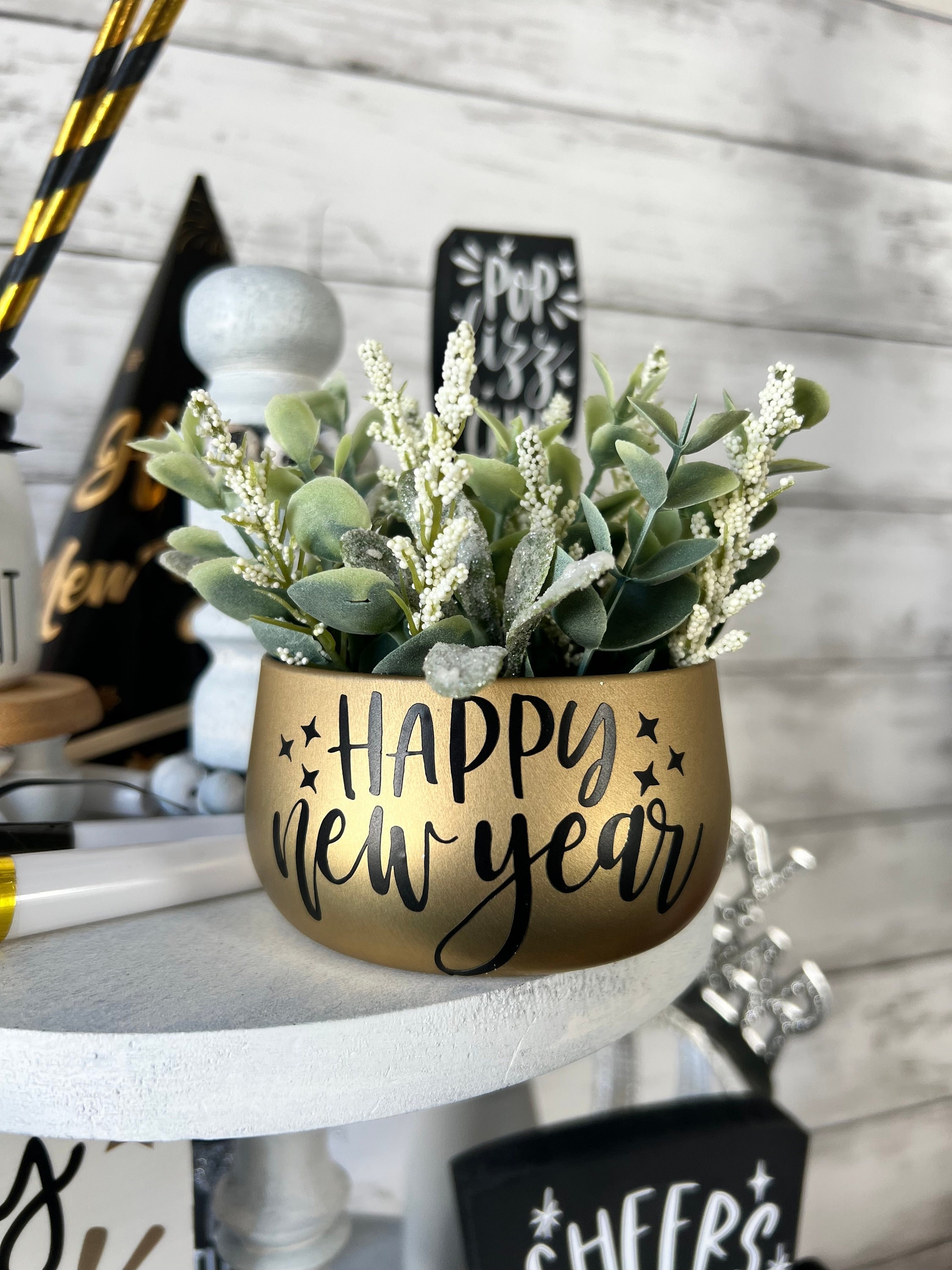 New Year tiered tray decor, New Years mini floral arrangement, New Years home decor, New Years eve party decor, Happy New Year, 2023