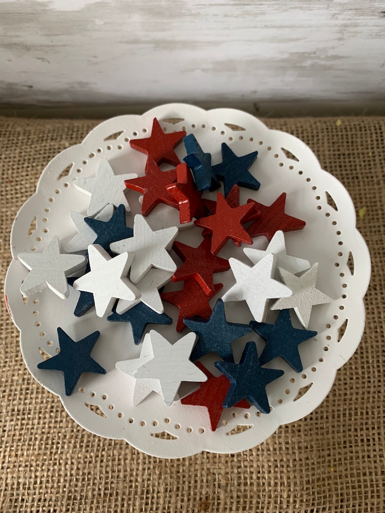 1'' Painted mini wood stars, patriotic vase filler, patriotic tiered tray decor, americana decor, red white and blue mini stars, tiered tray image 1