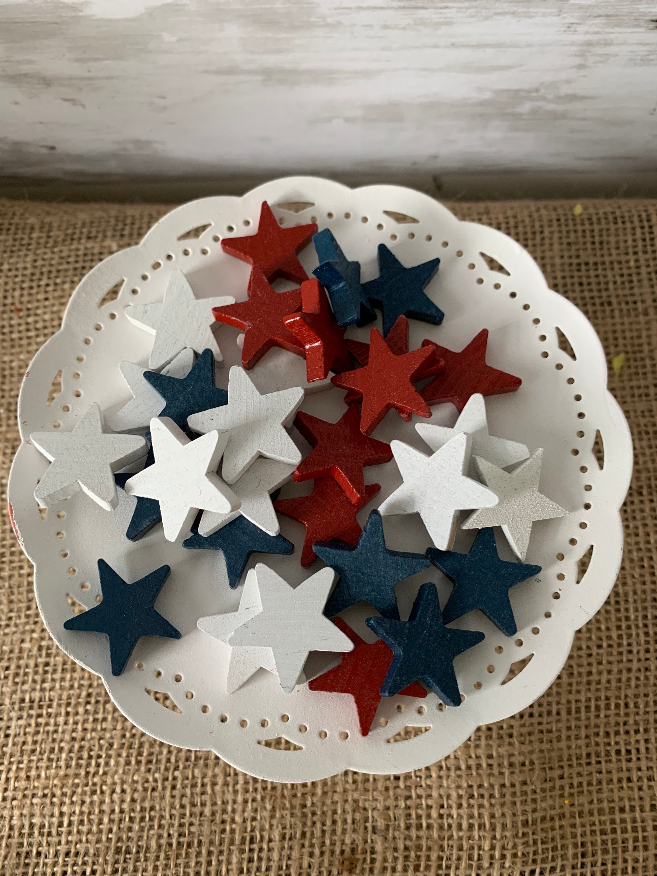 Painted mini wood stars, patriotic vase filler, patriotic tiered tray…