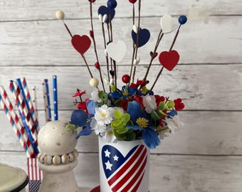 Patriotic tiered tray decor, fourth of july tray, patriotic florals, American flag decor, red white and blue, Americana decor, USA decor