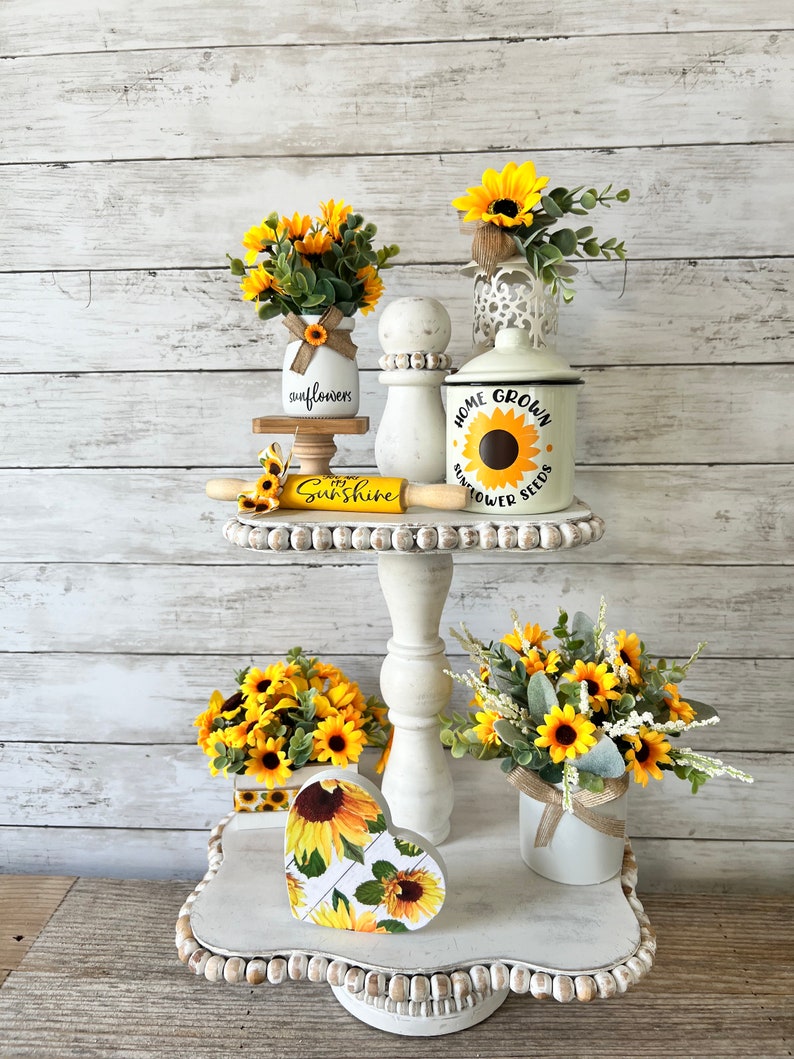 Sunflower Tiered Tray Mini Floral Arrangement, Summer Tiered Tray Decor ...
