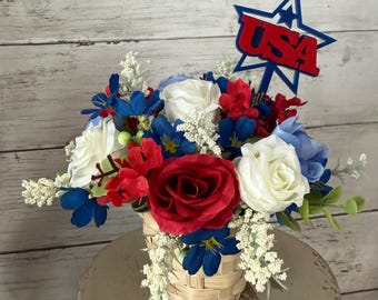 Patriotic tiered tray decor, fourth of july tray, patriotic florals, American flag decor, red white and blue, Americana decor, USA decor