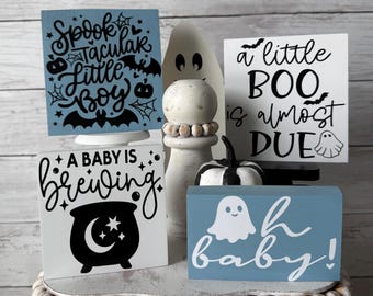 baby boy halloween shower tiered tray decor, a baby is brewing, a little boo is almost due, baby boy mini signs, baby boy nursery