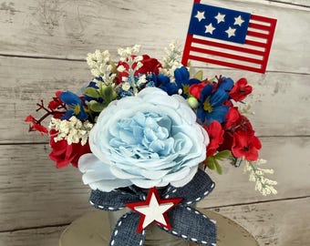 Patriotic tiered tray decor, fourth of july tray, patriotic florals, American flag decor, red white and blue, Americana decor, USA decor