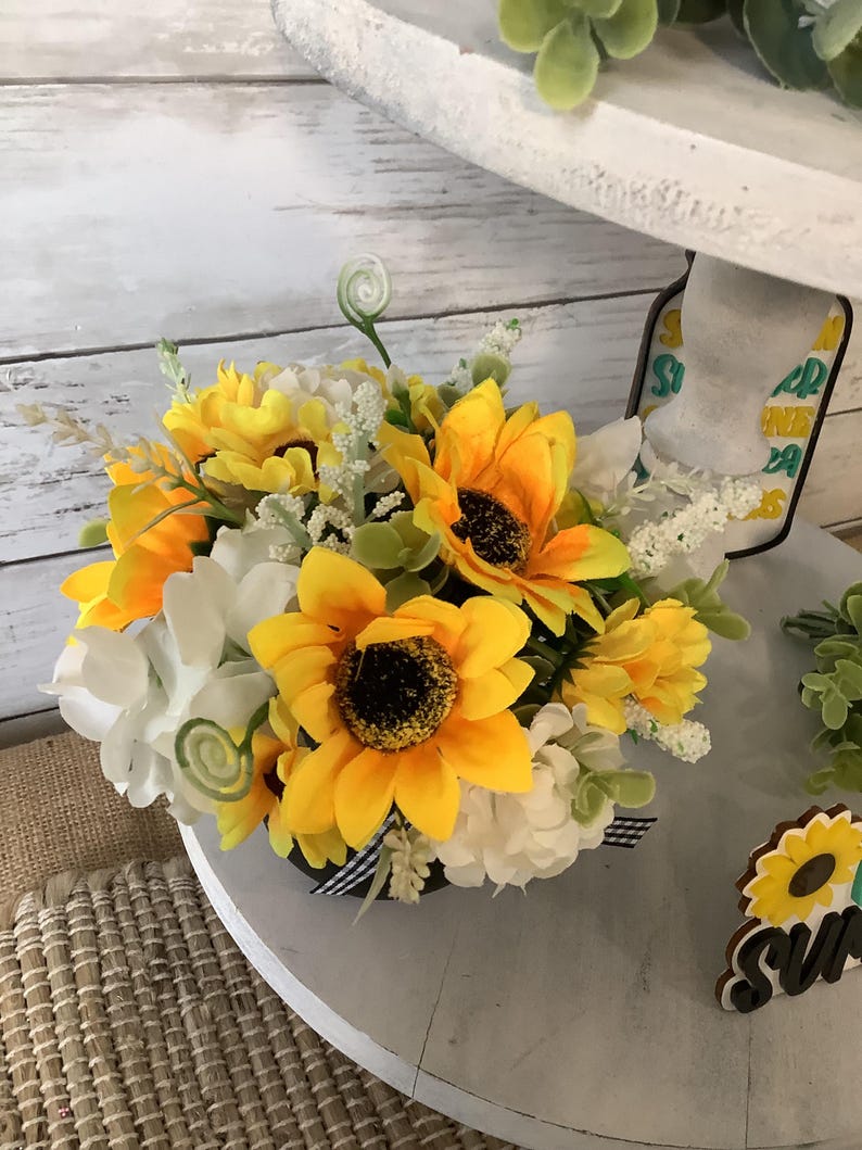 Sunflower Tiered Tray Mini Floral Arrangement, Summer Tiered Tray Decor ...