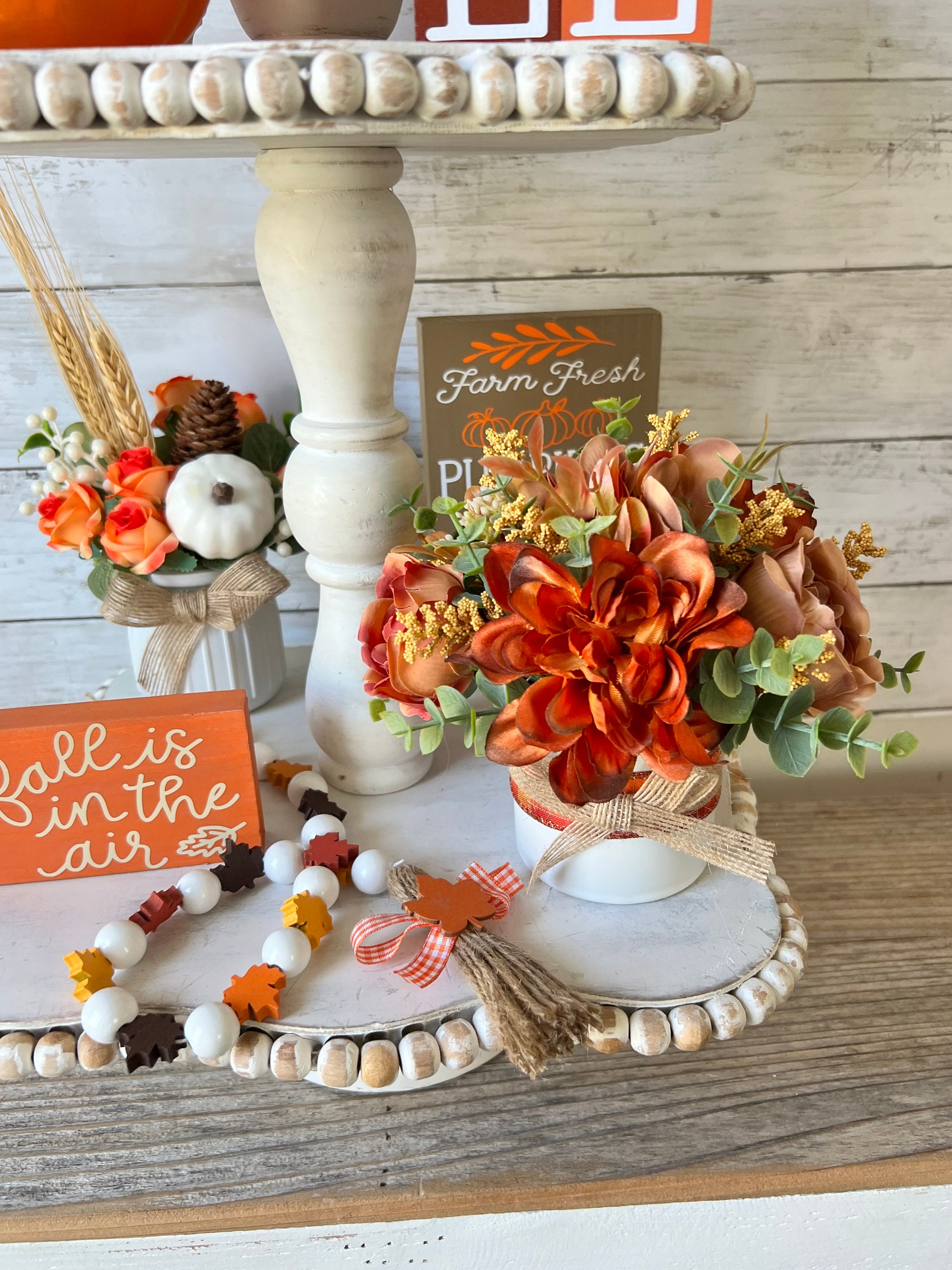 Fall Tiered Tray Mini Floral Arrangement, Farmhouse Home Decor, Mini ...