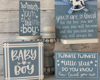 baby boy tiered tray decor, blue baby shower decor, baby boy mini signs, baby shower decor, it's a boy, baby boy nursery, rocking horse