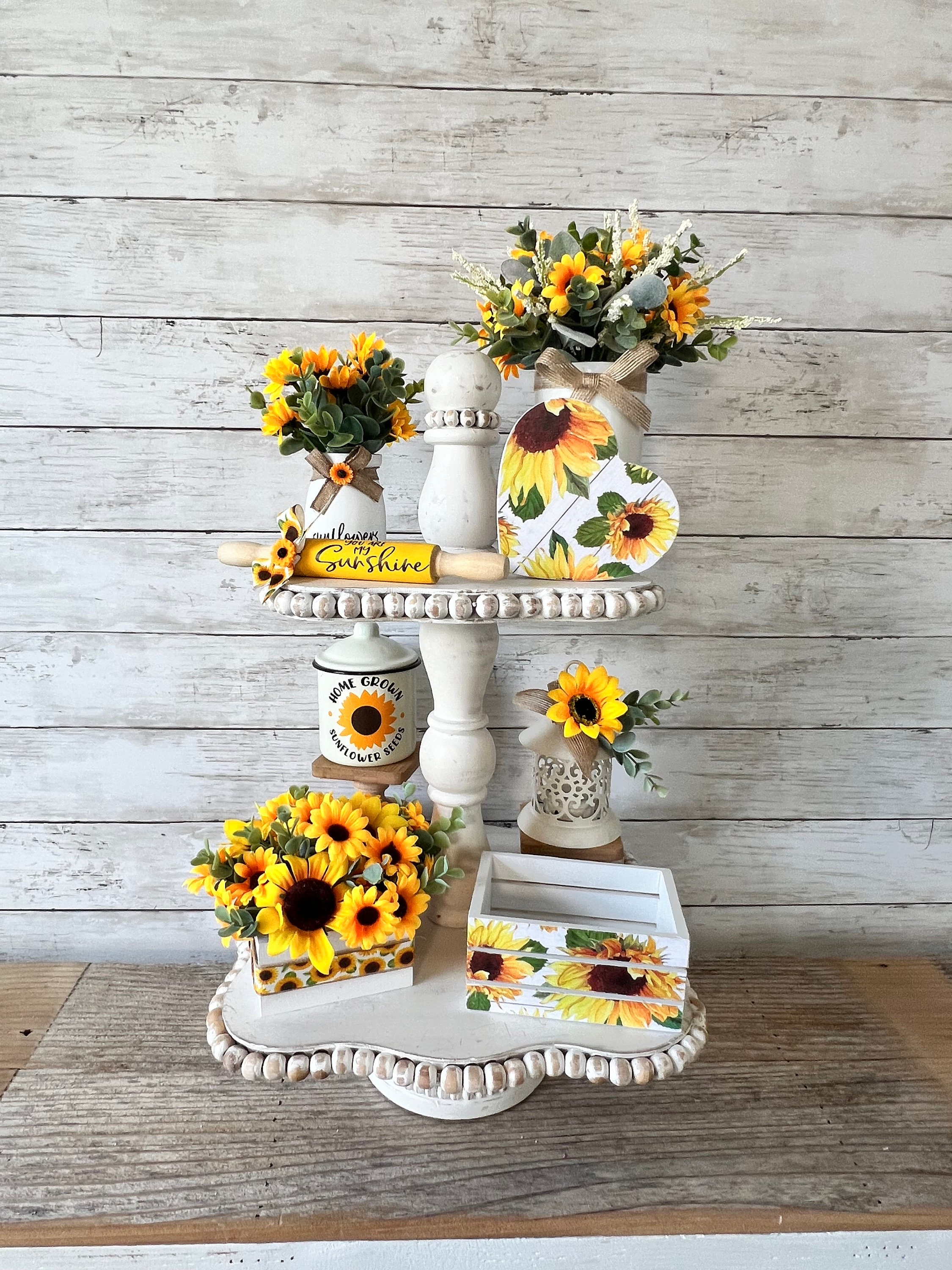 Sunflower Tiered Tray Mini Floral Arrangement, Summer Tiered Tray Decor ...