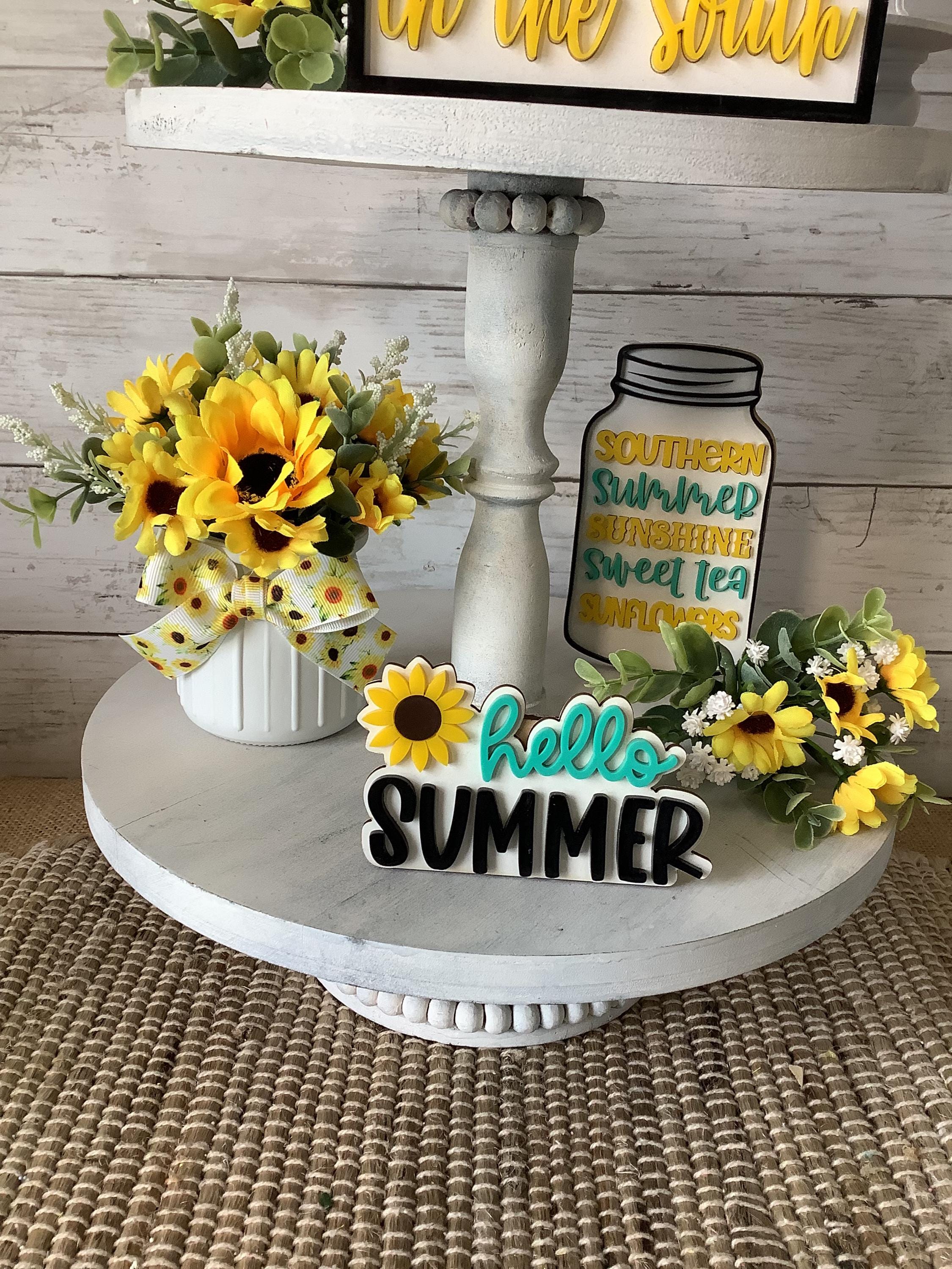 Sunflower Tiered Tray Mini Floral Arrangement, Summer Tiered Tray Decor ...