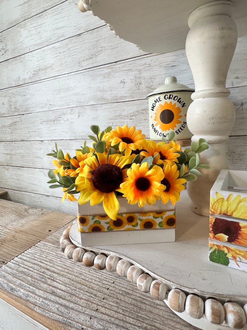 Sunflower Tiered Tray Mini Floral Arrangement, Summer Tiered Tray Decor ...