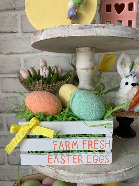 Mini Wood Crate With Easter Eggs, Easter Tiered Tray Decor
