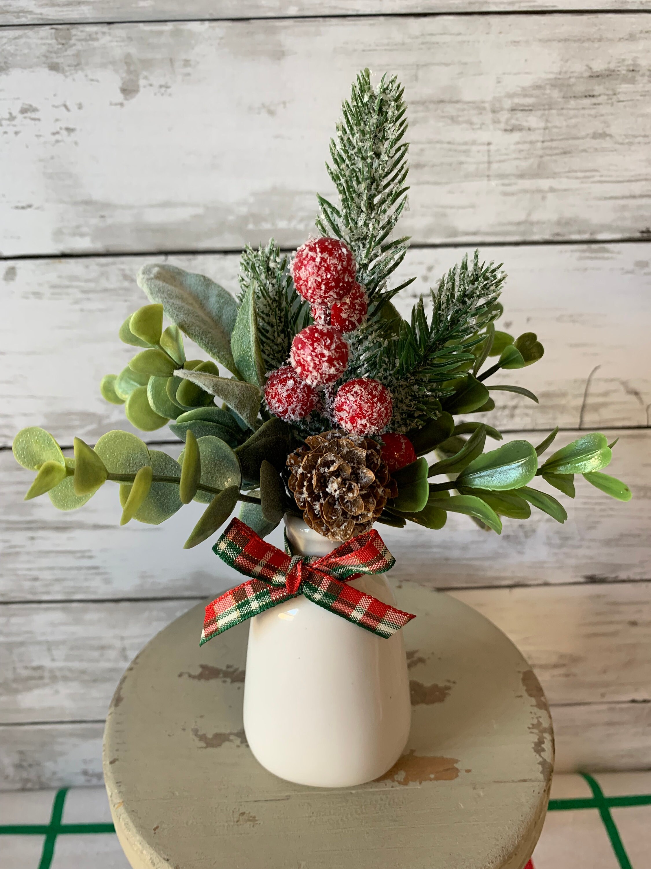 Christmas Floral Arrangement in Small Ceramic Vase - Holiday Home Decor  #437