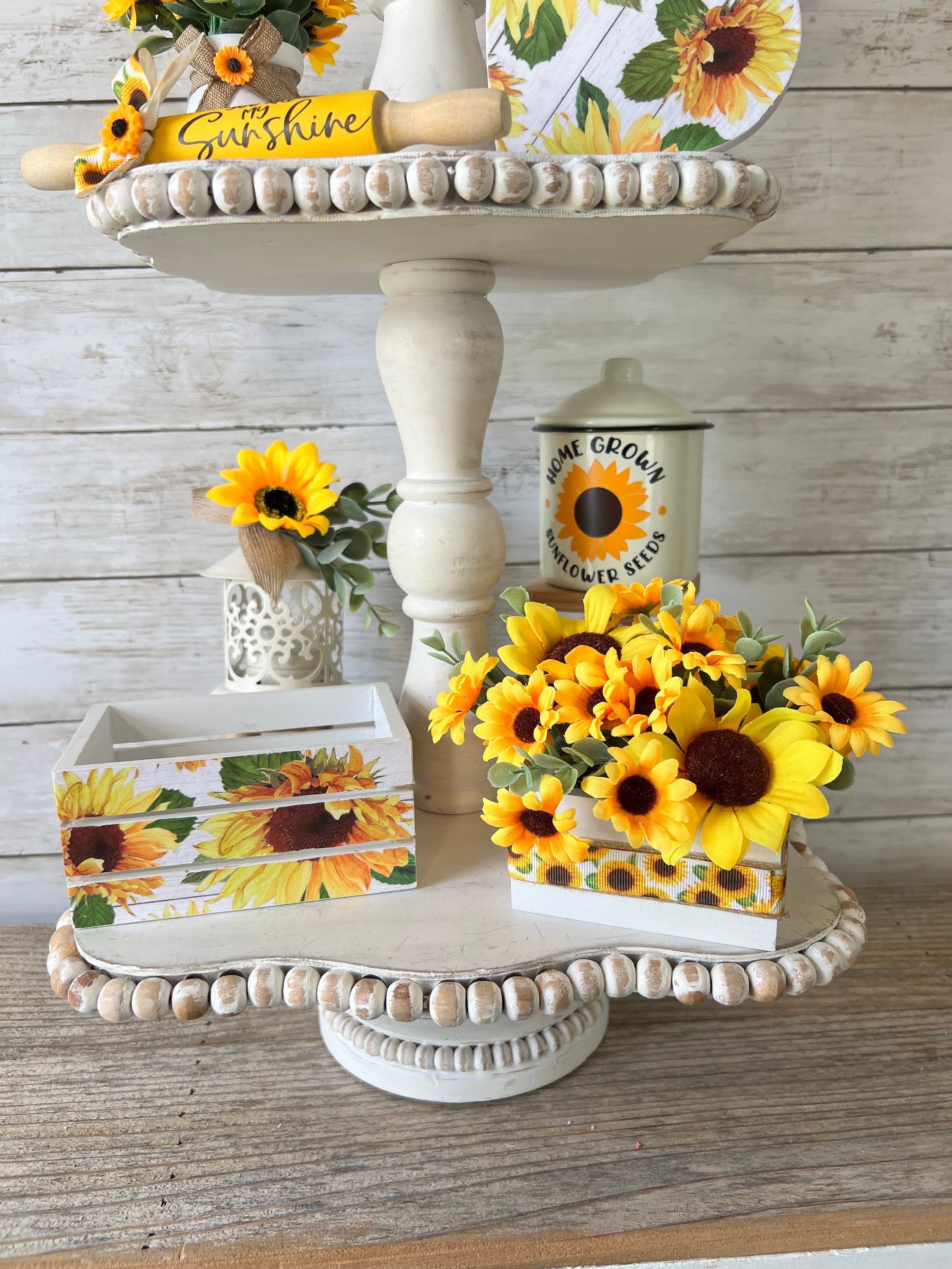 Sunflower Tiered Tray Mini Floral Arrangement, Summer Tiered Tray Decor ...
