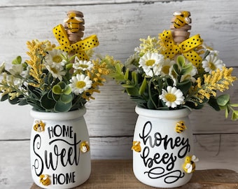 bumble bee tiered tray decor, bumblebee floral arrangement, bee decor, summer tiered tray decor, honey bee decor, bumble bee decor