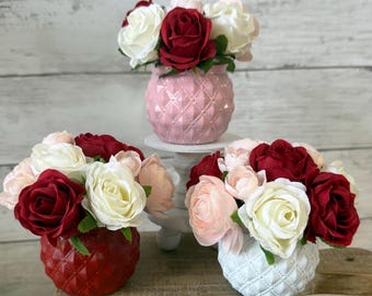 Valentine tiered Tray mini floral arrangement, valentine tiered tray, heart decor, mini vases, tiered tray greenery, eucalyptus, red roses