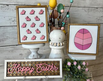 Boho Easter Tiered Tray Decor,  Pink Easter home decor, Modern easter decor,  Happy Easter wood sign, Easter mini signs, Laser cut 3d signs
