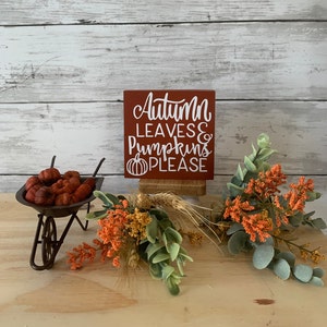 May include: A small wooden sign with a red background and white lettering that reads "Autumn Leaves & Pumpkins Please". The sign is sitting on a wooden stand and is surrounded by small orange and green plants.