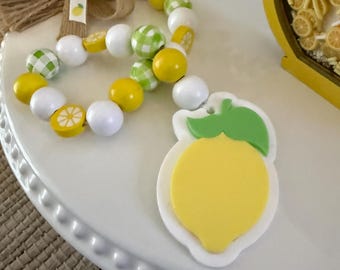 lemon themed wood bead garland, tiered tray decor, summer tiered tray decor, lemon decor, lemonade decor, lemon summer tiered tray decor