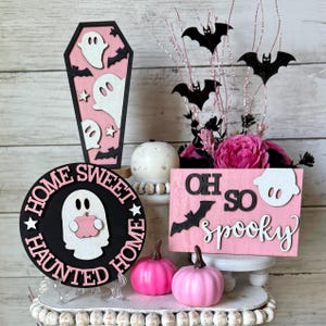 Pink Halloween tiered tray decor, cute girly pink and black halloween decor, halloween mini signs, pink witches brew, halloween home decor