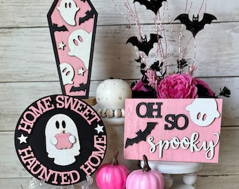 Pink Halloween tiered tray decor, cute girly pink and black halloween decor, halloween mini signs, pink witches brew, halloween home decor