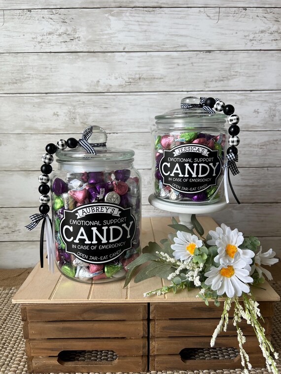 Personalized Glass candy jar with lid and wood bead garland, Personalized candy canister, custom candy jar, gift for chocolate candy lover