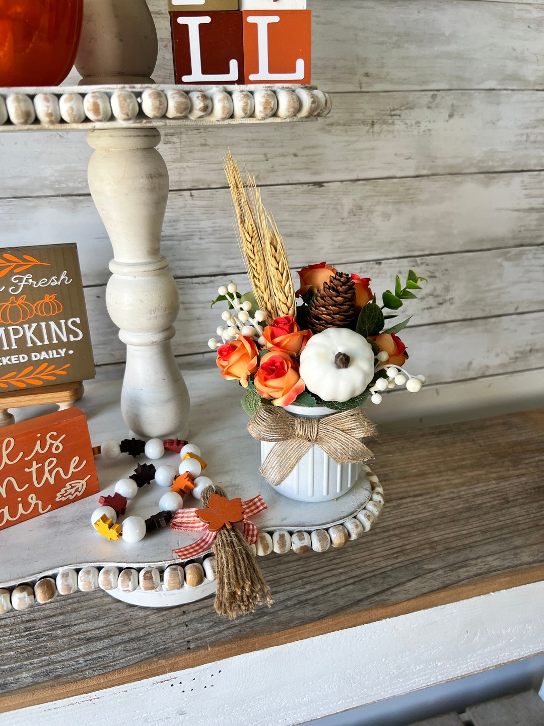 Fall Tiered Tray Mini Floral Arrangement, Farmhouse Home Decor, Mini ...