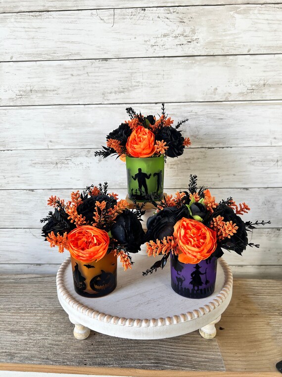 Fiori artificiali, 14 pezzi, colore nero, per Halloween, decorazione da tavolo, centrotavola per interni, fiori con vaso (nero, taglia unica