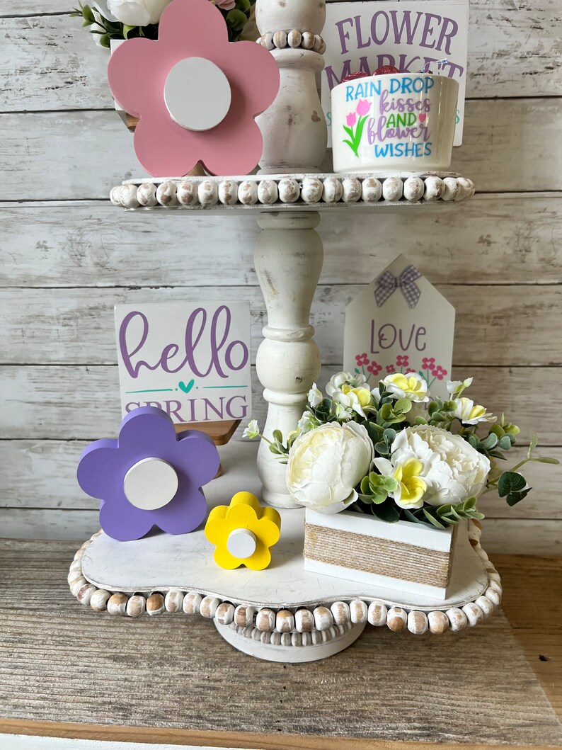 Wood flowers, Spring Tiered Tray Decor, Spring Home Decor, Spring wood flowers, Farmhouse tiered tray decor, Spring shelf sitter, easter image 3
