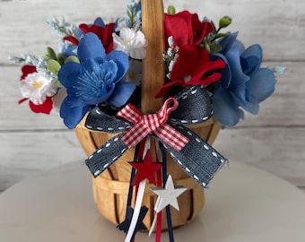 Patriotic basket floral arrangement , July 4th decor, patriotic florals, American flag decor, red white and blue flowers, USA decor