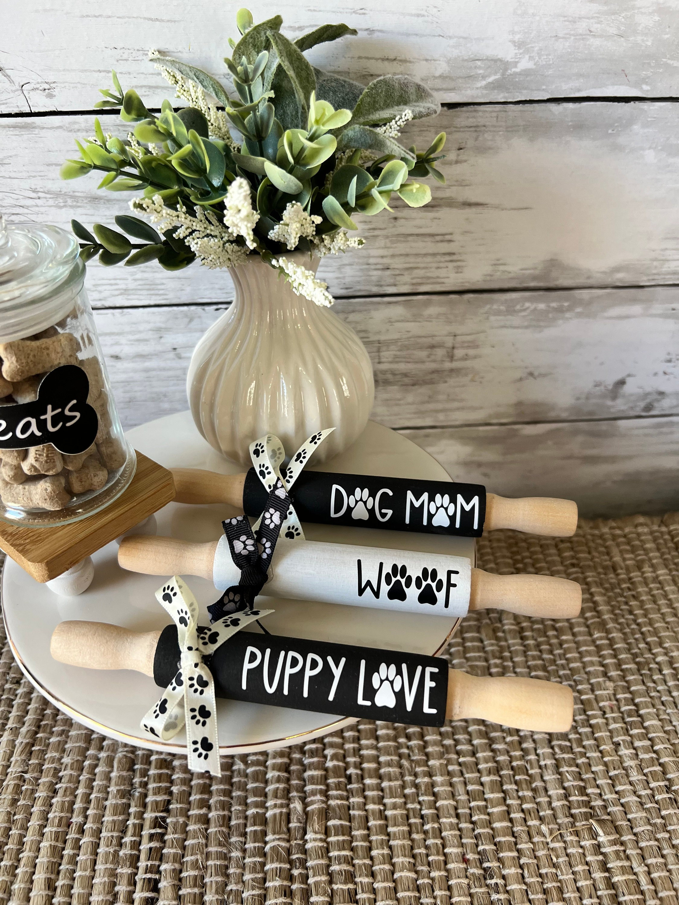 dog tiered tray decor, dog lover decor, mini rolling pin for tiered tray, tiered tray decor, dog decor, dog obsessed, dog obsessed, dog love