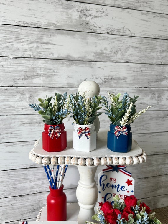 Patriotic tiered Tray mini floral arrangements, set of 3, Patriotic decor, Fourth of July decor, Americana, USA decor, red white and blue