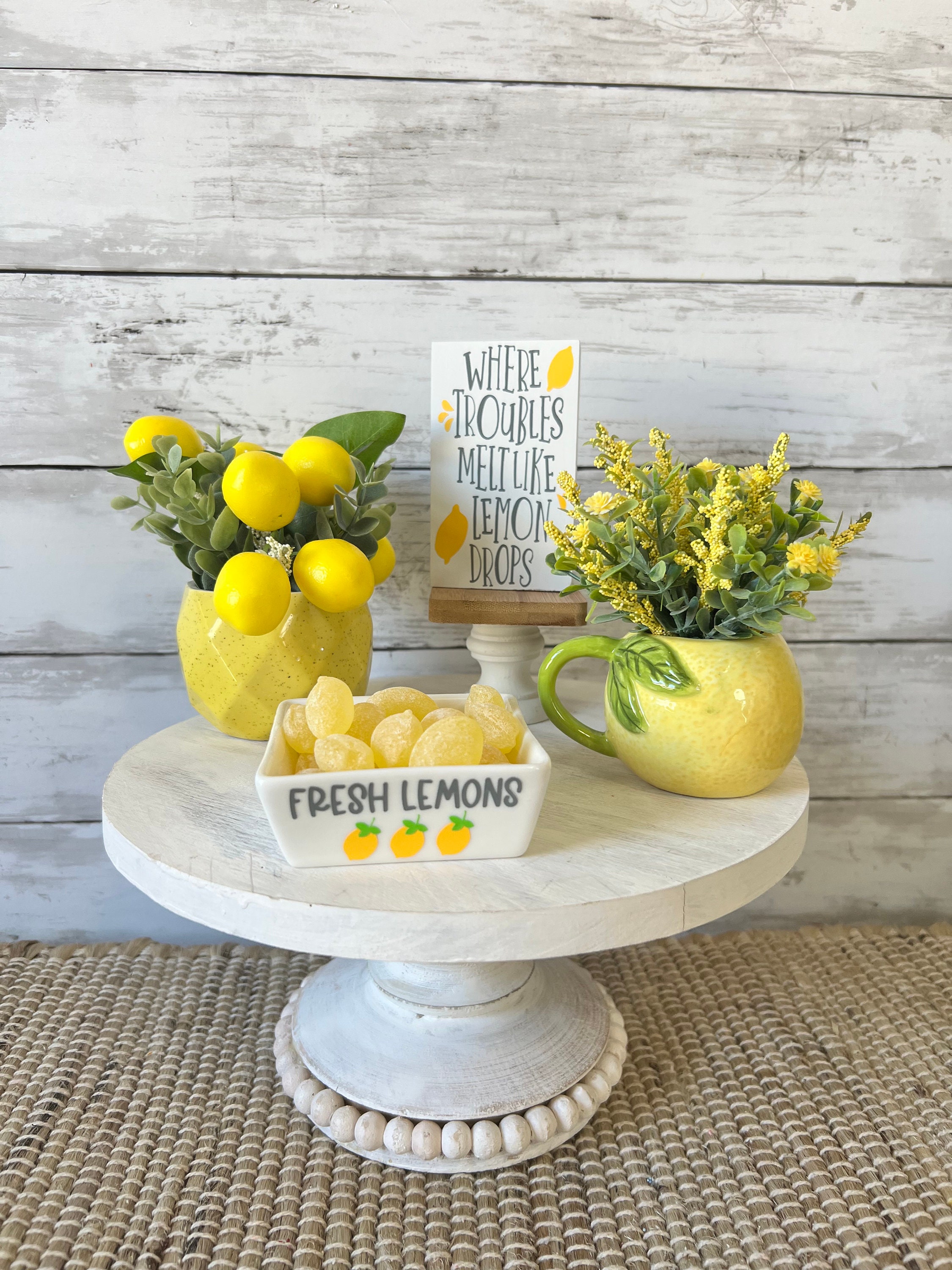 Summer Tiered Tray Decor, Lemon Candy Dish, Fresh Lemons, Lemon Home