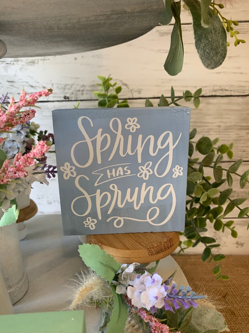 Pu&ograve; includere: Un cartello in legno blu chiaro con scritta bianca che recita "Spring has sprung" con piccoli accenti floreali. Il cartello &egrave; posto su un piccolo supporto in legno.
