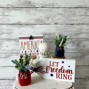 Pode incluir: Uma bandeja de tr&ecirc;s n&iacute;veis decorada com decora&ccedil;&atilde;o tem&aacute;tica patri&oacute;tica. O n&iacute;vel superior apresenta uma placa que diz "Let freedom ring" com estrelas vermelhas, brancas e azuis. O n&iacute;vel intermedi&aacute;rio apresenta uma placa que diz "America God Bless Grace on Us" e duas pequenas plantas em vaso com la&ccedil;os vermelhos, brancos e azuis. O n&iacute;vel inferior apresenta uma placa que diz "Home Sweet Home" e uma garrafa vermelha.