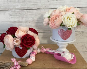 Valentine tiered Tray mini floral arrangement, valentine tiered tray, heart decor, mini vases, tiered tray greenery, eucalyptus, red roses